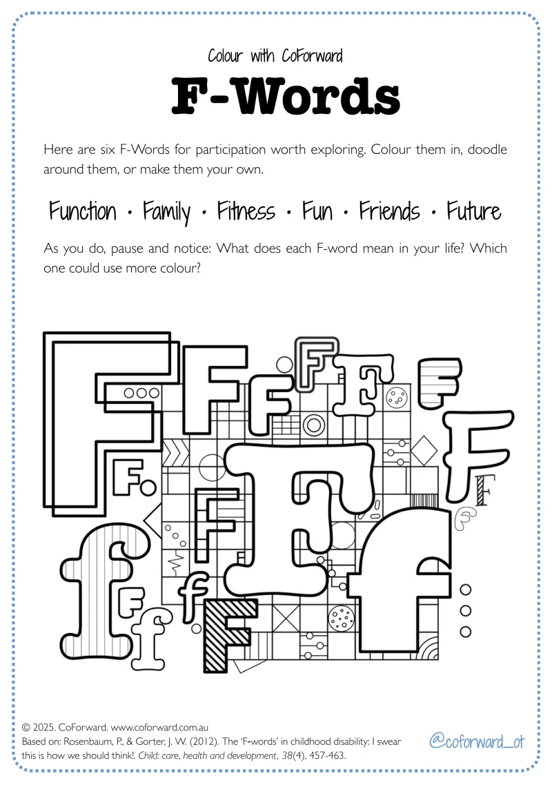 F-Words wellbeing colouring sheet preview